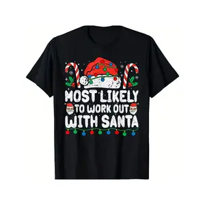 Funny Christmas Gym T-Shirt - Most Likely to Work Out with Santa - Workout Shirt with Candy Canes - Soft Breathable Tee for Men, Women, Gym - Holiday Fitness Gift for Christmas, Halloween, New Year - Machine Washable Crew Neck Top, Workout Clothes