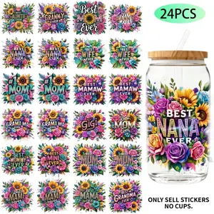 UV DTF Transfer Stickers - 24 Pieces/Set Mother's Day Gift Theme UV DTF 16OZ DIY Transfer Stickers Suitable For 16 Oz Water Bottle Glass Jar Laptop Computer Home Decor DIY High Viscosity Transfer Paper