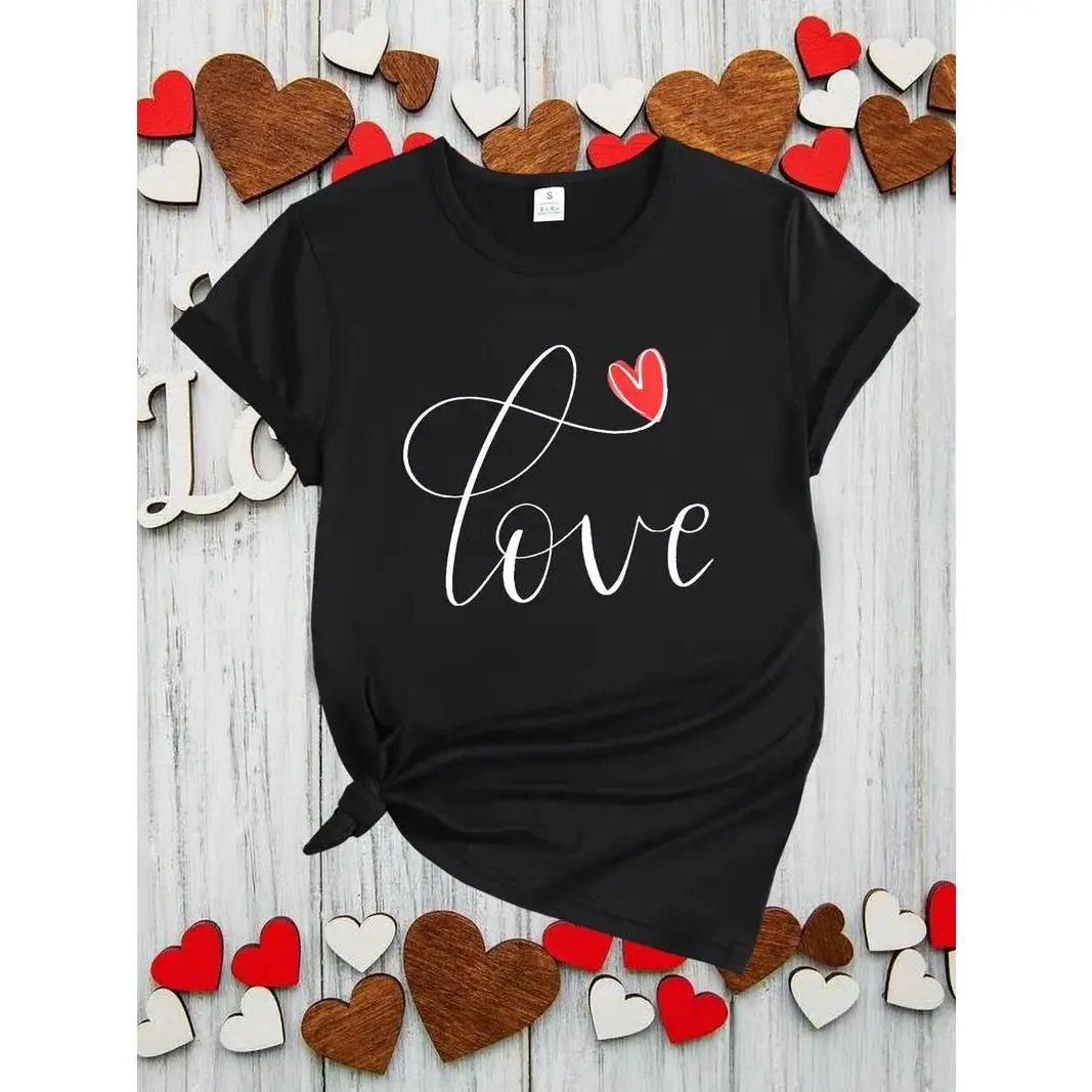 Women's Casual Sports Love T-Shirt - Cotton breathable short-sleeve round neck, exclusive for Valentine's Day, machine washable, suitable for all seasons, skin-friendly, stylish for daily & dates