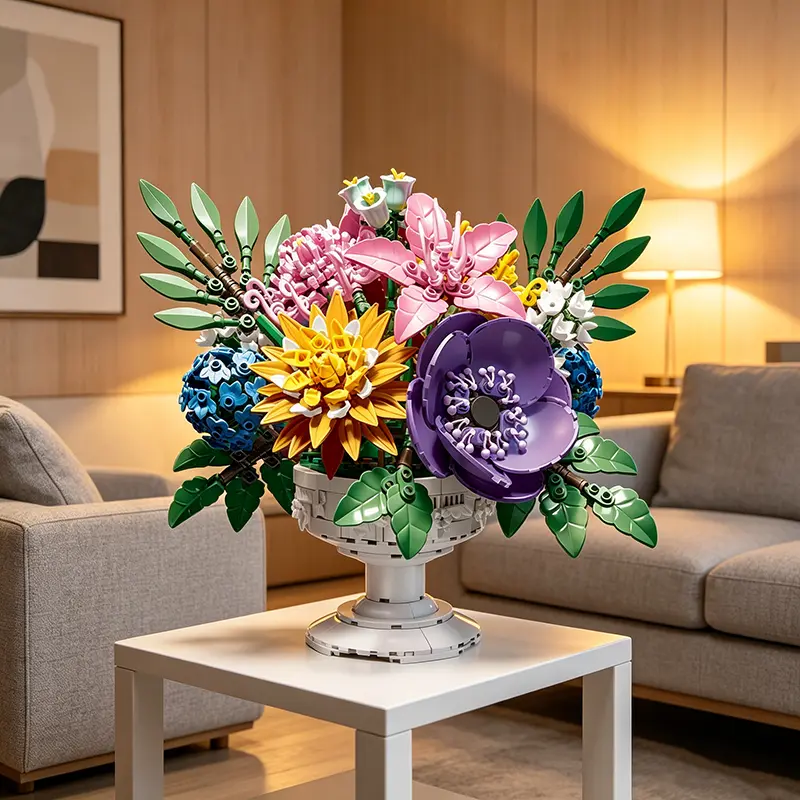 Dream Garden building block flower bouquet with vase, model 1081, DIY simulated flower set with 10 plant types, preserved flowers for home decor—an ideal gift for girls for birthdays, Christmas, or Valentine’s Day.