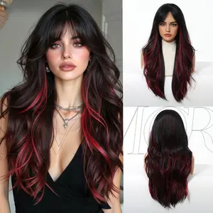 Red Highlighted Eight-Character Bangs Wig Big Waves Festival Style Long Curly Hair Matte High-Temperature Fiber Full Wig for Women 150℃ body wavy wig Sister gifts Christmas gifts long full head coverage crimped  wigs