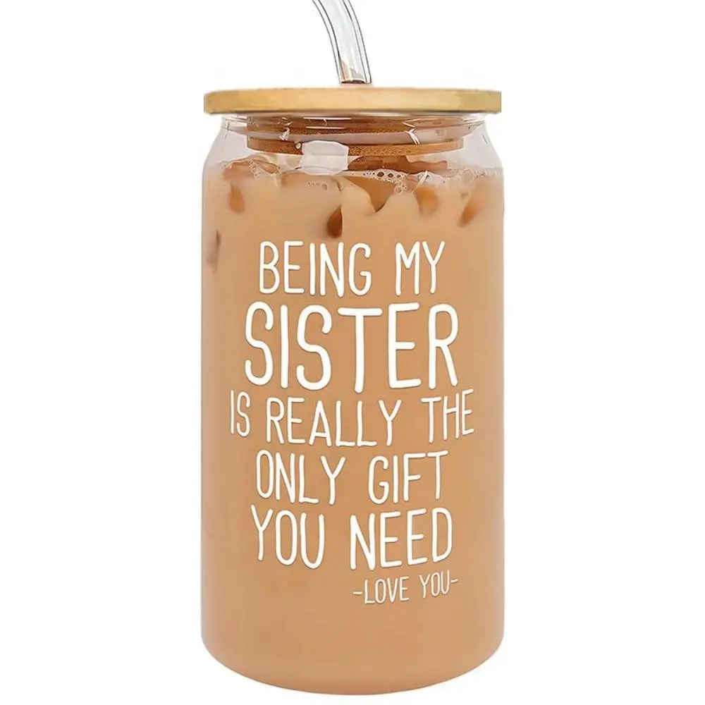 16oz Reusable Glass Drinking Tumbler Cup Bottle with Straw & Straw Cleaning Brush, 1 Count Birthday Gift for Sister, Party Gift for Sister, Gift for Sister's Birthday, Drinkware, Glass Water Bottles