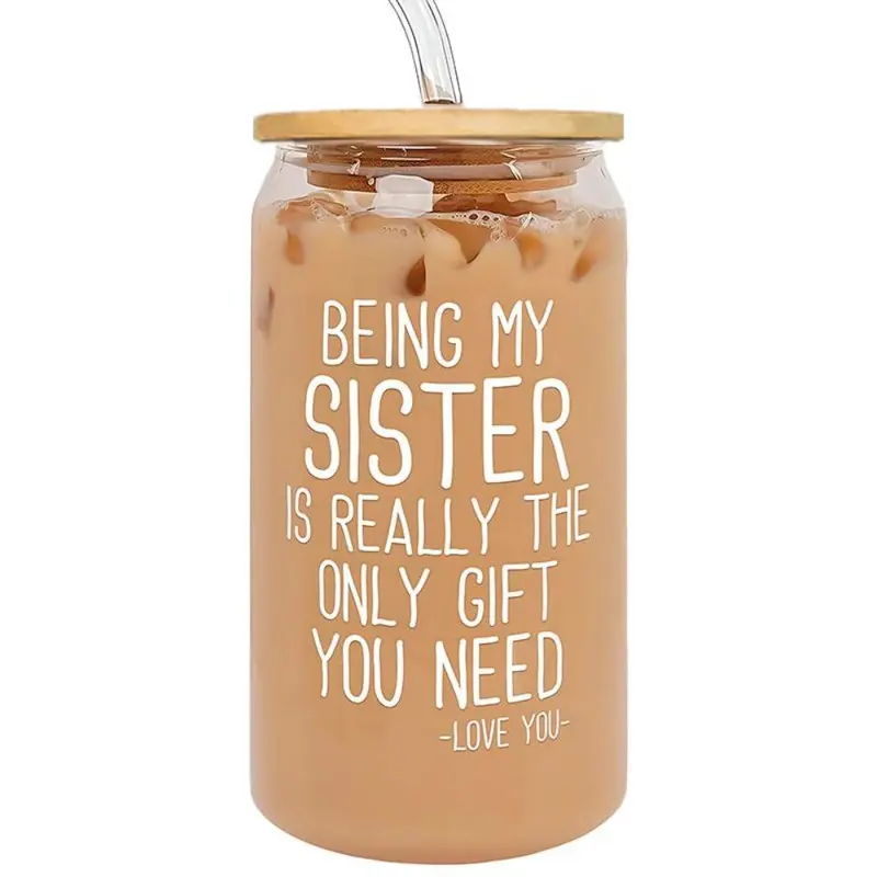 16oz Reusable Glass Drinking Tumbler Cup Bottle with Straw & Straw Cleaning Brush, 1 Count Birthday Gift for Sister, Party Gift for Sister, Gift for Sister's Birthday, Drinkware, Glass Water Bottles