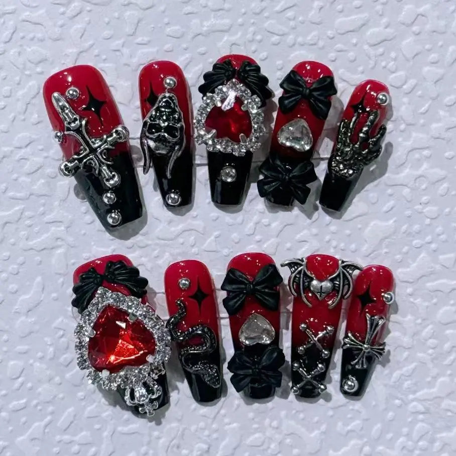 J30 Handmade Press on Nail Sets - Black & Red Halo Mined Removable Nails with Glitter Rhinestone Black Finish, Elegant Rhinestone Decorated, Fashionable Rhinestone Decorated