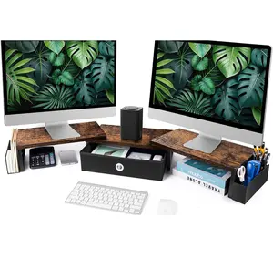 Dual Monitor Stand Riser with Drawer & Metal Leg, Large Computer Monitor Riser Desk Shelf Adjustable Length & Angle For Home and Office