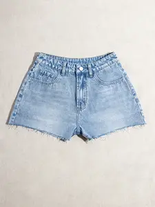 Summer & Spring Trendy, Y2K Retro Vintage American Style, High-Waisted Washed Blue Shorts, Casual Office Wear, Comfortable Home Style