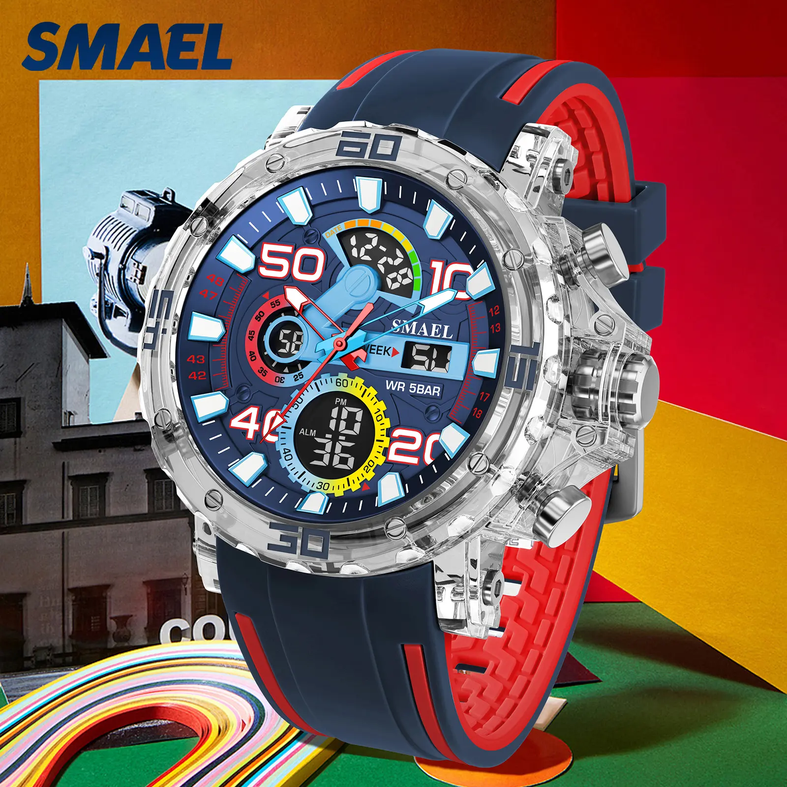 SMAEL Trendy Fashion Dual Display Men's Electronic Watch, Multifunctional Alarm Clock Chronograph Calendar Day Display Men's Watch, Swimming Waterproof Night Luminous Display Electronic Watch
