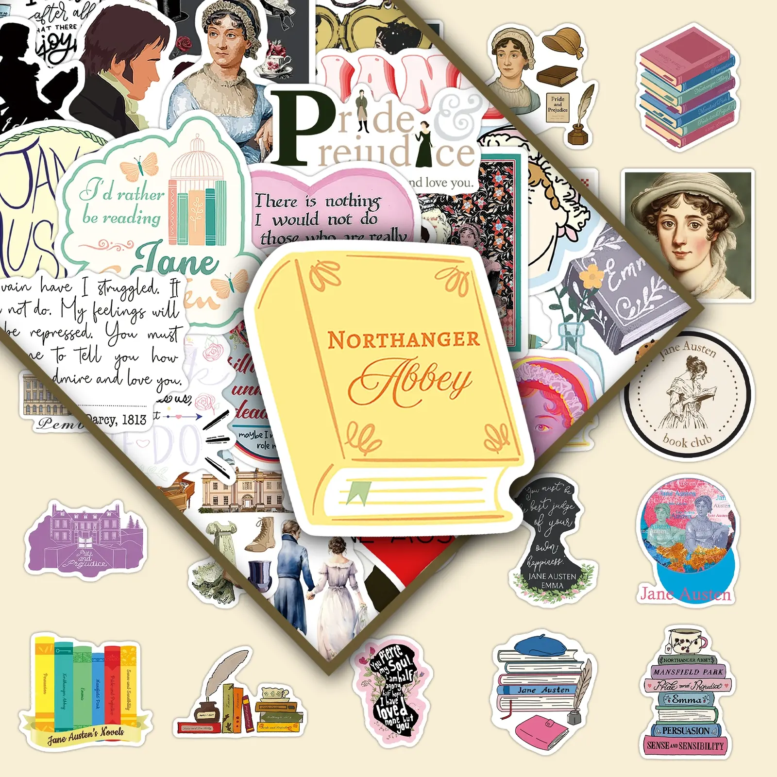 100 Sheets Jane Austen Sticker Pack - Classic Novel Quotes & Regency Era Designs for Journals (2 Styles) Art Stickers Book Reading Stickers