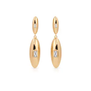 Ettika Oval Dome Double Drop Earrings 18k Gold Plated Brass with Cubic Zirconia 1.6" Length 0.5" Width Unisex Fashion Jewelry