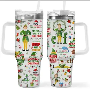 40 oz Elf Movie Themed Stainless Steel Tumbler with Handle and Straw - Festive Christmas Travel Mug - Drinkware, Flasks christmas tumbler