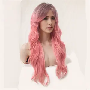 New Full Wig, 76cm Gradient Long Curly Wig for Women with Pink Root Dye, Amazon Cross-Border Style
