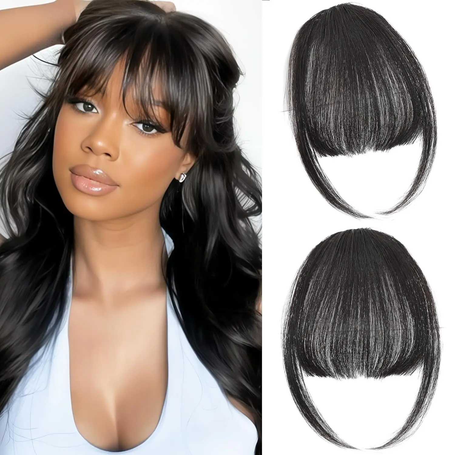 Clip in Bangs for Women 100% Real Human Hair Brown Wispy Bangs Fake Bang Fringe with Temples Hairpieces for Everyday Wear (Blonde/Brown)