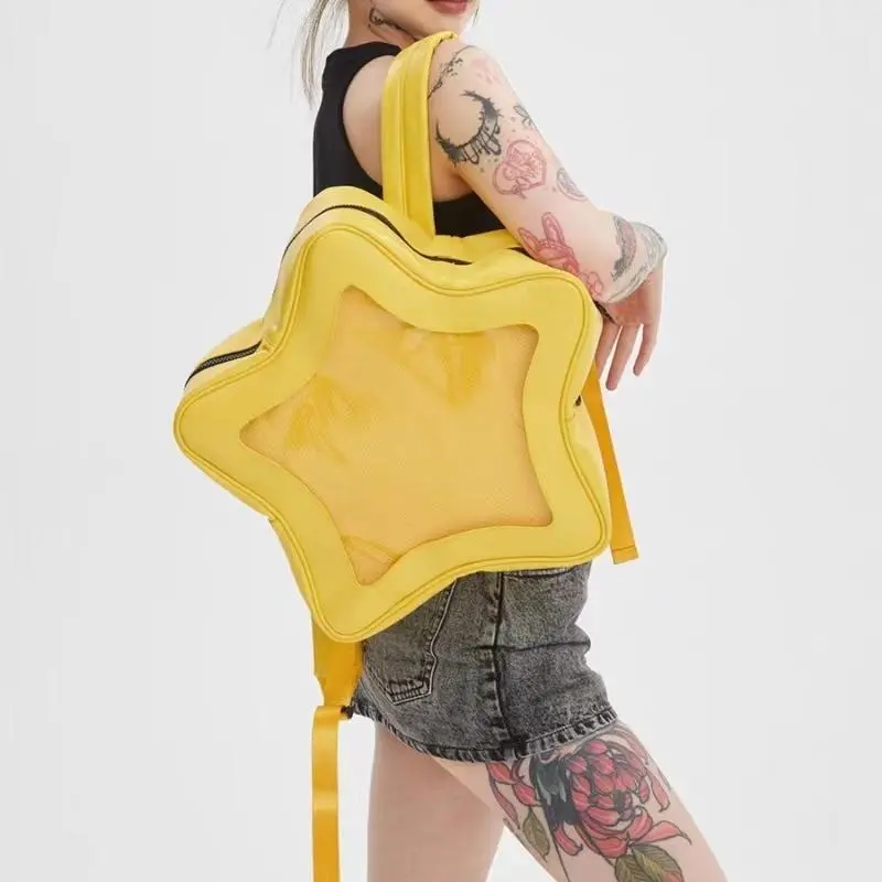 Kawaii Star-Shaped Ita Bag Backpack - Girls' Cute Yellow PU Waterproof Casual Travel Backpack, Stylish Daypacks for School & Travel, Transparent Front Pocket, Fits iPad, Mobile Phone, 5-Fold Umbrella, Lipstick, Tissue, 39x37x13cm/30x27x8cm