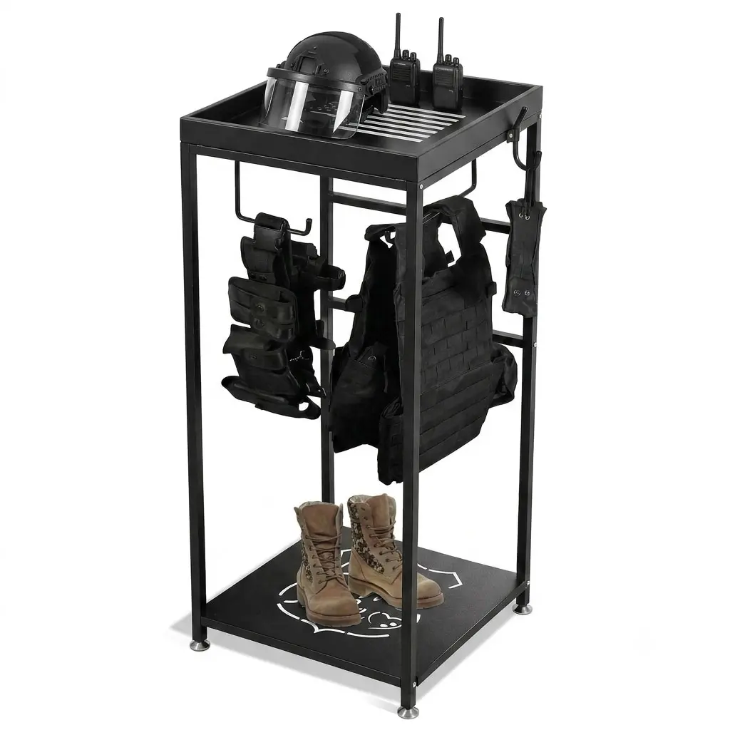 Police Gear Stand, Police Hanger, Tactical Duty Gear Rack with 3 Hooks, Free-Standing All Iron Frame Police Gift Decor , for Storing Uniform, Duty Belt and Vest Hanger, Police Gift,Black