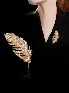 Elegant Rhinestone Feather Brooch Pin, Fashionable High-End Sparkling Jewelry Accessory, Perfect for Dresses & Coats