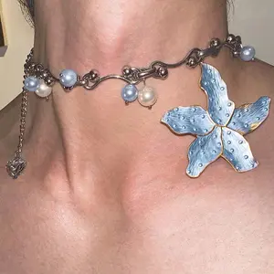 1PC Romantic Coastal Starfish Choker Necklace for Women, Titanium Steel with Blue Enamel Starfish & Faux Pearls, Nautical Beach Jewelry for Daily Wear & Vacation, Birthday Gift for Her y2k accessories