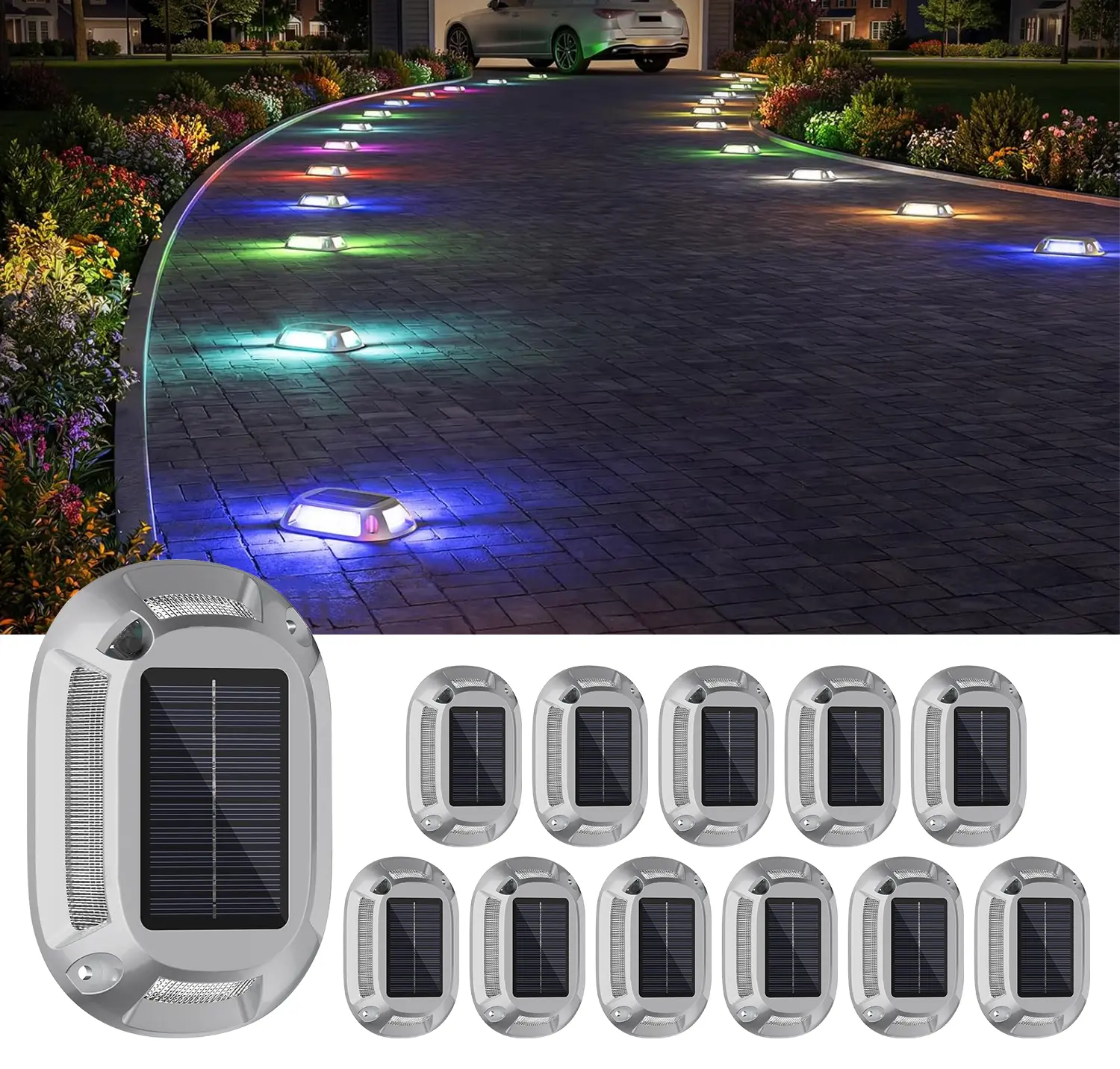 JNOEC Solar Garden Ground Light - Aluminum Alloy, IP68 Durable Waterproof, 12-Mode RGB Strobe & Fix-Color LED, Auto On/Off Outdoor Pathway Lighting for Walkway Deck Outside Solar Decor, Durable Waterproof Light, Pathway Solar Lights