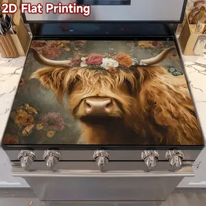 Diatom Mud Highland Cow with Flower Crown 2D Stove Top Cover, Heat Resistant Scratch Proof Protector, Easy Clean Multi-Use Mat for Stoves, Oven, Washer Dryer, Vintage Farmhouse Kitchen Decor #DiatomMud #HighlandCow #FlowerCrown #VintageFarmhouse