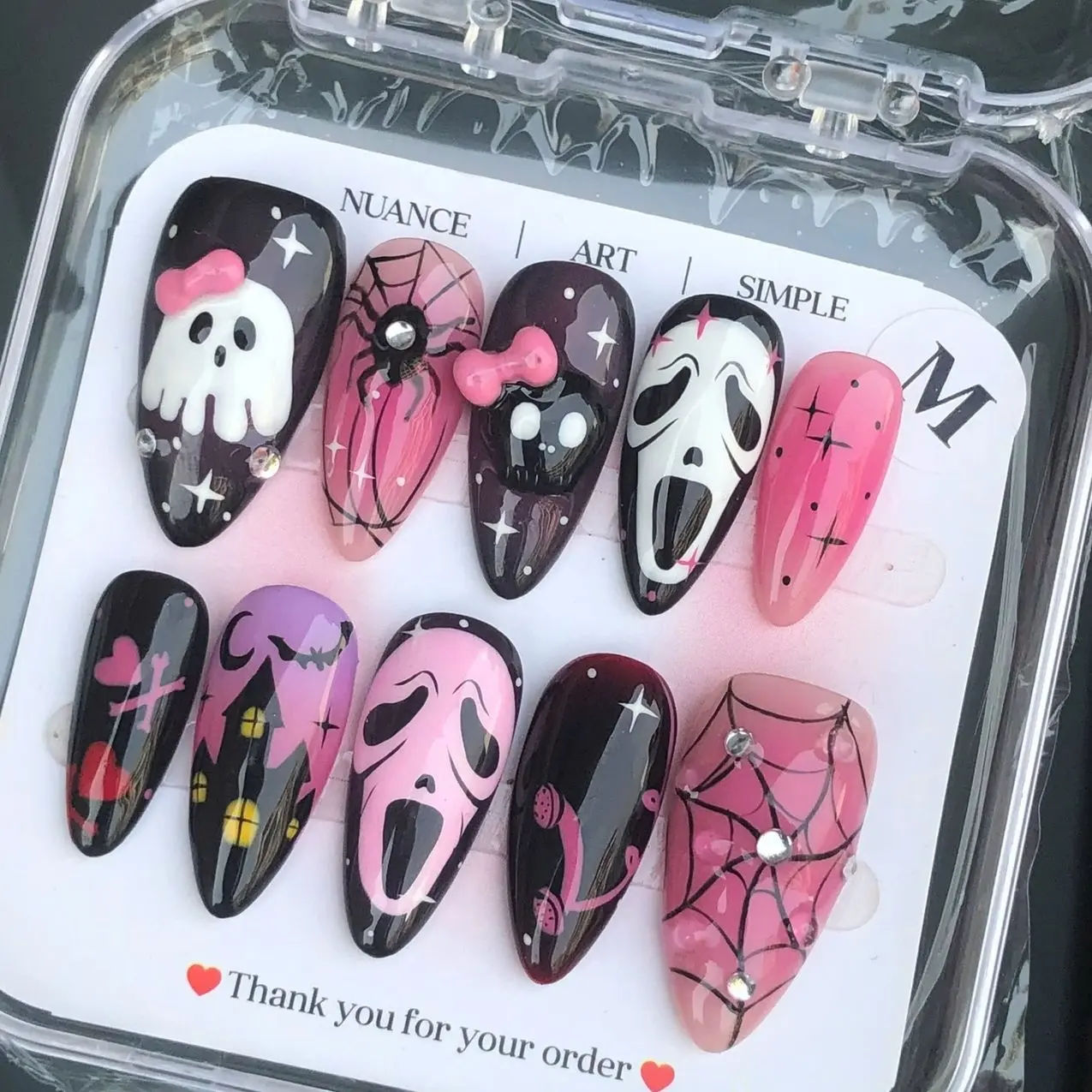 Handmade Pink Horror Press On Nails, Ghost Face Inspired Mask, Spider Web, Skull Bow, Black Drip Design, Cute Halloween Goth Almond Nail Art Set