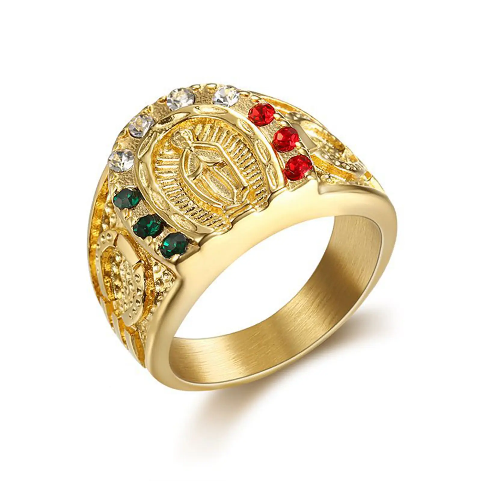 Men's Gold Plating Cubic Zirconia Our Lady of Guadalupe Virgin Mary Ring Religious Ring Size 7-13 bohomoon rings