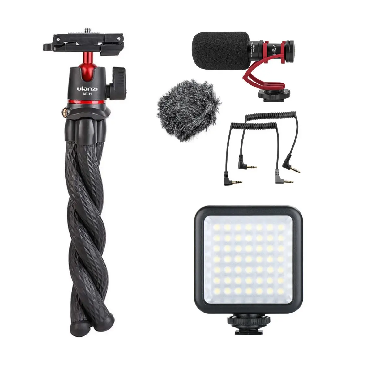 Ulanzi MT-11 Multifunctional Octopus Flexible Tripod with Ball Head Bundle - H&A VideoMini Compact On-Camera Microphone, Mini LED Light, Cellphone Accessories with Storage, Port, Clip
