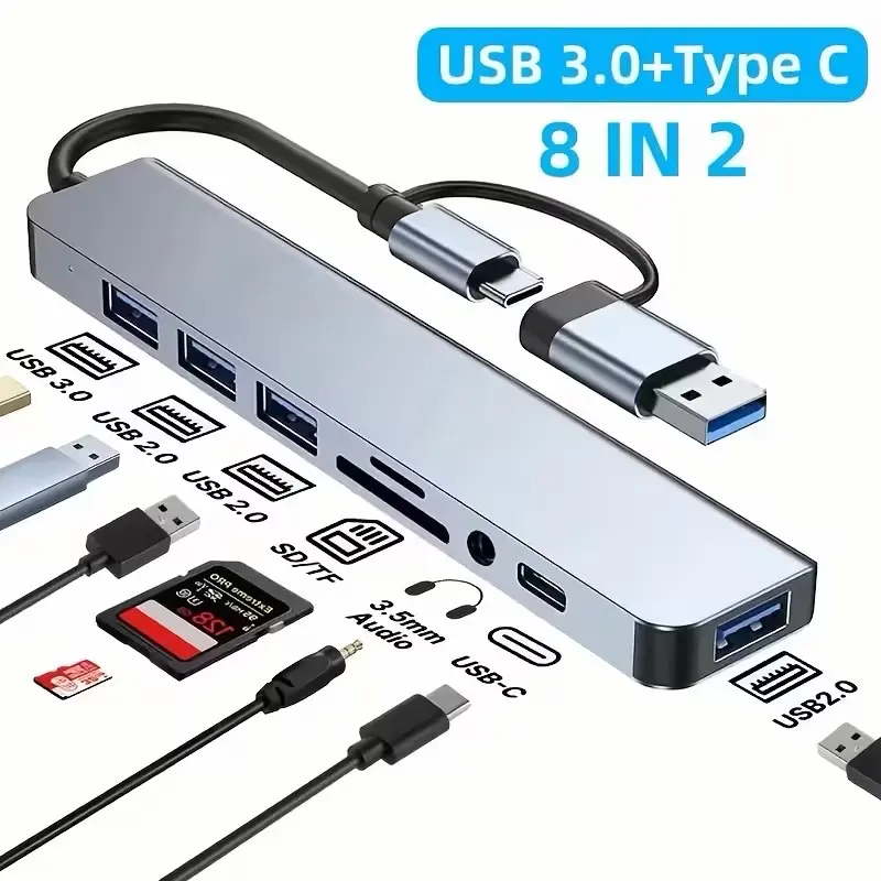 USB & USB Type C 8 in 1 USB Hub with Multiple Ports Docking Station, Light Weight Slim Design USB Hub, USB 3.0, USB 2.0 SD/TF, Audio Ports for Computer, Laptop, Tablet