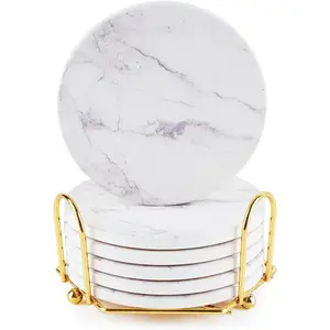 White Marble Coaster Set with Holder, Marble Coasters Absorbent with Holder,Wine Beer Bar Coasters Set of 6 for Coffee Table Protection