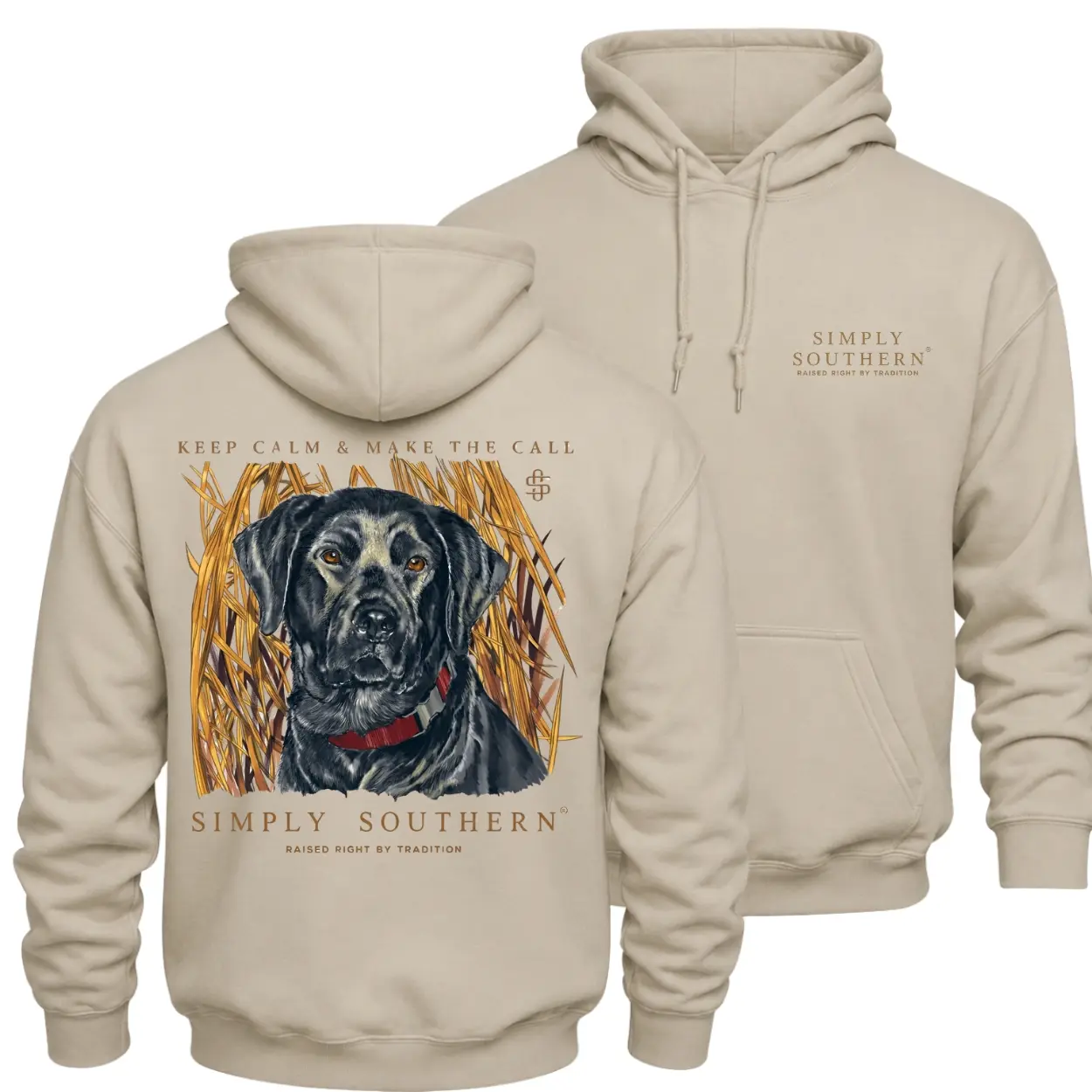 Simply Southern Outfitters Hunting Dog Hoodie, Black Labrador Retriever Graphic Pullover, Front Chest Logo and Large Back Print Hunter Hoodie, Southern Sportsman Apparel, Fall Winter Hunting Gift for Men and Women