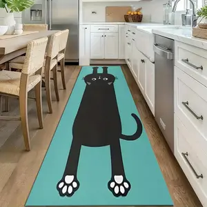 1 Piece Non-Slip Polyester Door Mat with Black Cat Pattern on Green Background - Washable Area Rug, Perfect for Laundry, Kitchen or Guest Room Decor, Entrance Decor | Soft Textured Mats, Laundry Mats