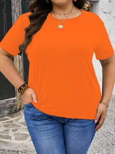 Plus Size Solid Round Neck Tee, Casual Short Sleeve Crew Neck T-Shirt for Spring & Fall, Women's Plus Clothing for Daily Wear