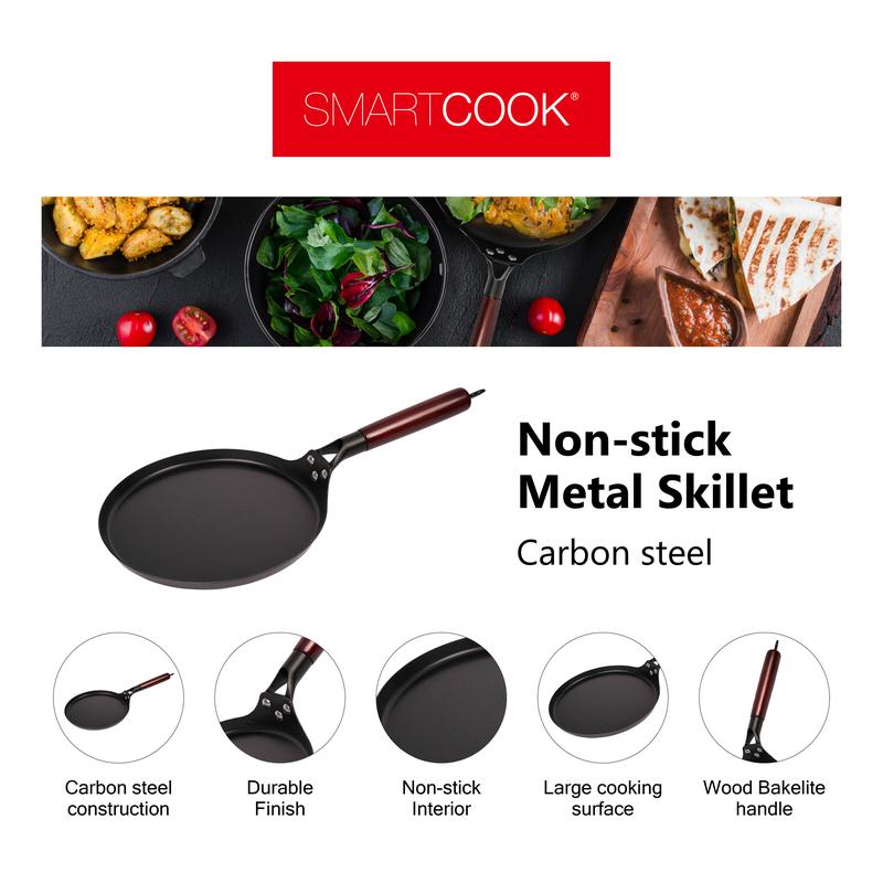 SmartCook 10", 13" Nonstick Carbon Steel Skillets and Utensils set , Durable, Foodi, Perfect for Stove-Tops, Non-Toxic Cookware Set, Griddle with Handle, Omelet Pan, Comal for Tortillas, Crepe Pan pots and Metal Silicone Induction Wood