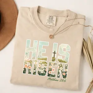 He Is Risen Christian Graphic T-Shirt Matthew 28:6 Easter Religious Bible Verse Heavy Cotton Unisex Tee