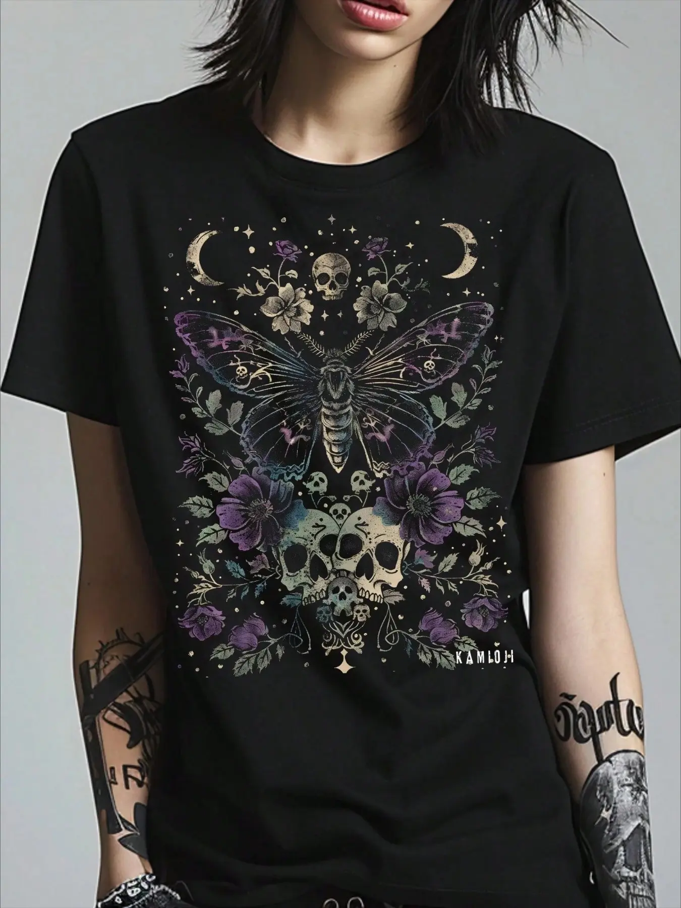 Gothic Moth Skull Graphic T-Shirt for Women, Round Neck Witchy Dark Academia Aesthetic Tee, Soft Cotton Blend Streetwear Top, Trendy Grunge Alt Fashion for Daily, Party & Weekend Outfit