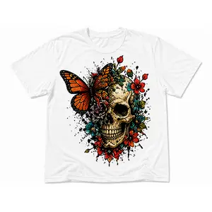 Trendy Butterfly Skull Tee – Colorful Floral Graphic T-Shirt for Women & Men |   Aesthetic Streetwear Shirt
