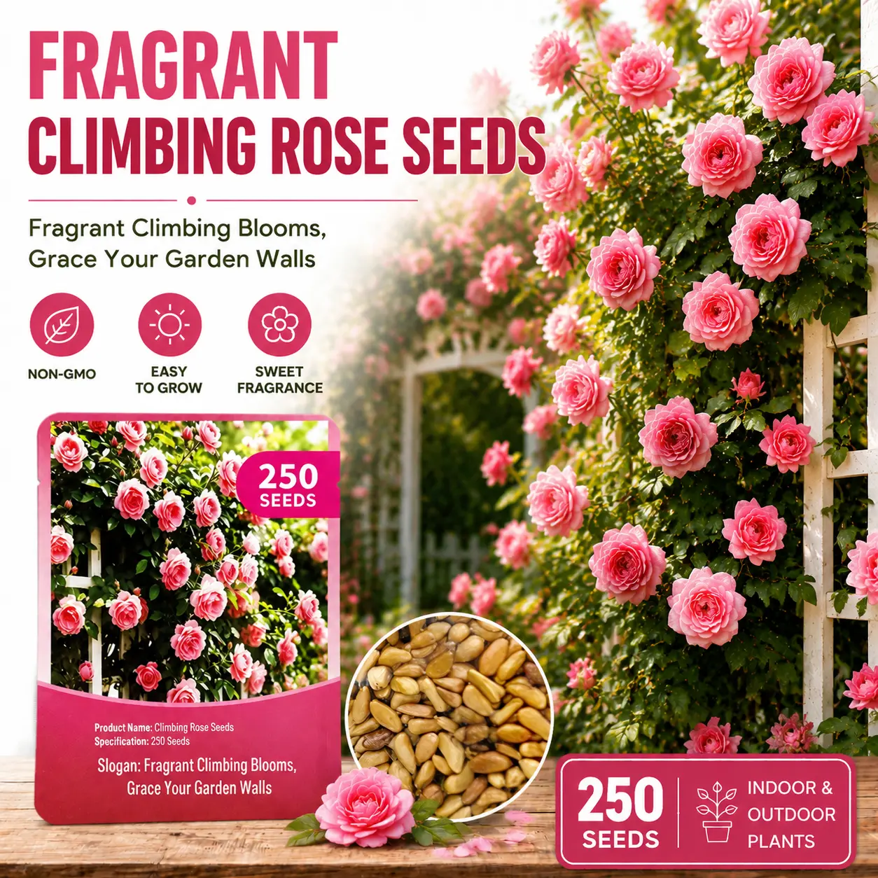 250 Pcs Climbing Rose Seeds Non-GMO, Beautiful Fragrant Pink Rose Flower Seeds with Stunning Blooms, Easy Grow Low Maintenance Vine Plants for Home Garden, Patio, Balcony & Outdoor Landscape