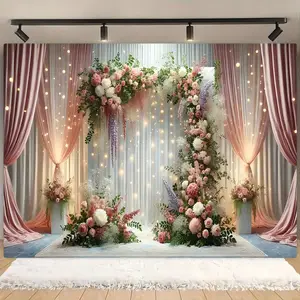 Romantic Flower Pattern Wedding Curtain Background Banner, Decorative Banner, Wedding Party Backdrop, 1 Count Exquisite Wedding Party Decoration, Wall Decoration, Indoor & Outdoor Decoration, Ornaments
