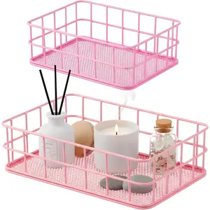 2 Pcs Pink Metal Baskets for storage, Large 10"x6.6" & Small 6.6"x4.6" Wirel Mesh Wedding Bathroom Basket for Makeup Organizer, Office Desk, Bathroom Vanity, Key Candy Storage (Pink)