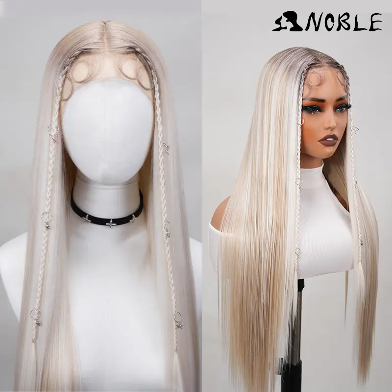 [TikTokShopBackToSchool] Noble 30-Inch Ash Blonde Ombre Straight Synthetic Fiber Wig -Baby Hair- Full Machine-Made Wig with Braided Hair Texture Sides and Star Charms, Synthetic Fiber Wigs,summervibes