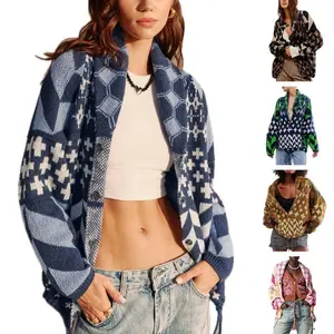 Women’s oversized fall argyle knit cardigan, Y2K graphic button-down collar, long sleeves, casual geometric V-neck fitted top, collared knitwear — TikTok Shop Black Friday