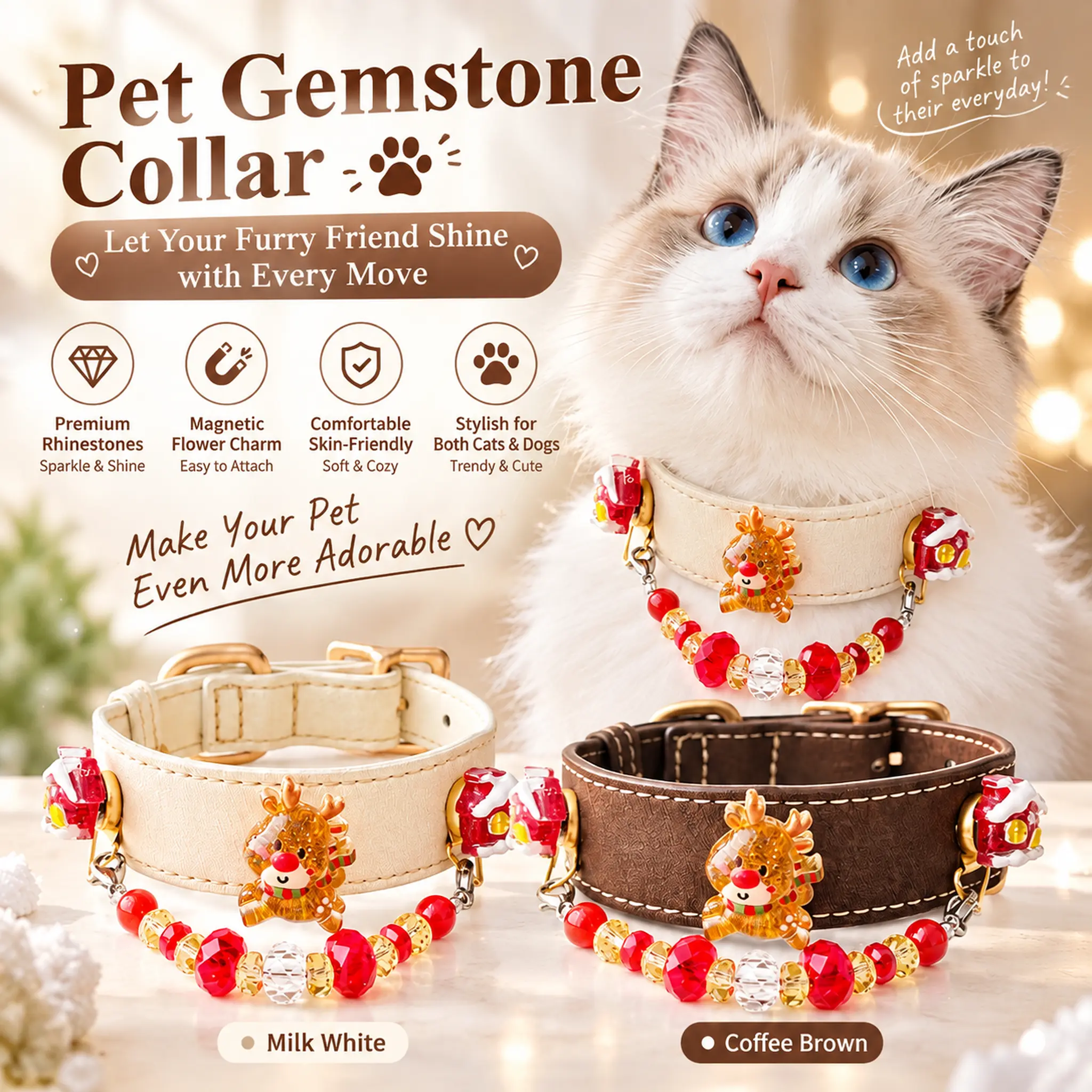 Pet Gemstone Collar for Cats - Milk White & Coffee Brown, Premium Rhinestones, Magnetic Flower Charm, Comfortable Stylish Dog Accessory reflective stitching ride secure