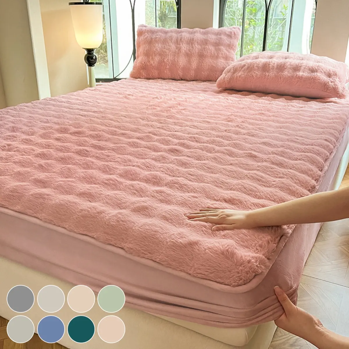 Faux Rabbit Fur Fitted Sheet Set, Ultra Soft Warm Solid Color Bedding, 3-Piece Luxury Bed Sheets Set with 1 Fitted Sheet & 1/2 Pillowcases, All Season Cozy Bedding for Bedroom Dorm Sofa, Fluffy Plush Christmas Gift, Decorative Bedsheet Sets
