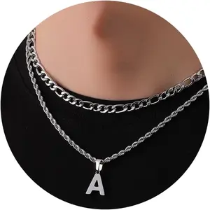 Layered Initial Letter Pendant Necklace for Men Figaro Twist Rope Chain Necklace Jewelry Graduation Birthday Gift for Men Boys