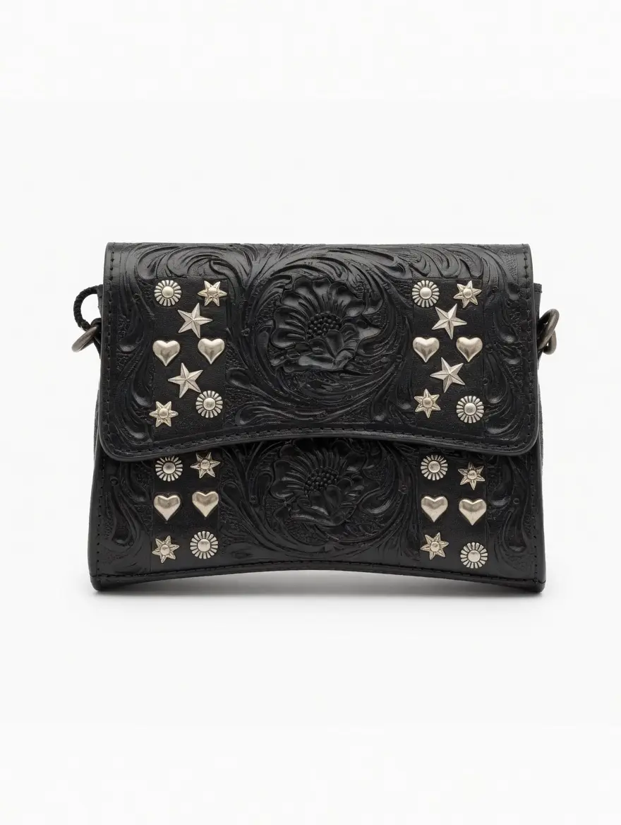 STUDDED LEATHER TOOLED CLUTCH CROSSBODY PURSE