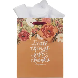 Medium Portrait Inspirational Scripture Bag, Tag & Wrapping Tissue Paper Set for Women: Give Thanks Encouraging Bible Verse, Satin Ribbon Handles, Orange Multicolor Floral