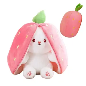 Easter Bunny Stuffed Animal, Carrot and Strawberry Bunny Plush Turn Into Rabbit Fruit Doll, Plushies Funny Bunny Toy for Baby