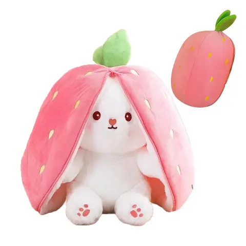 Extra Soft Fluffy Huggable Easter Bunny Stuffy - Transformable Carrot-Strawberry Rabbit Polyester Plush Toy, Cuddly Doll Gift for Babies