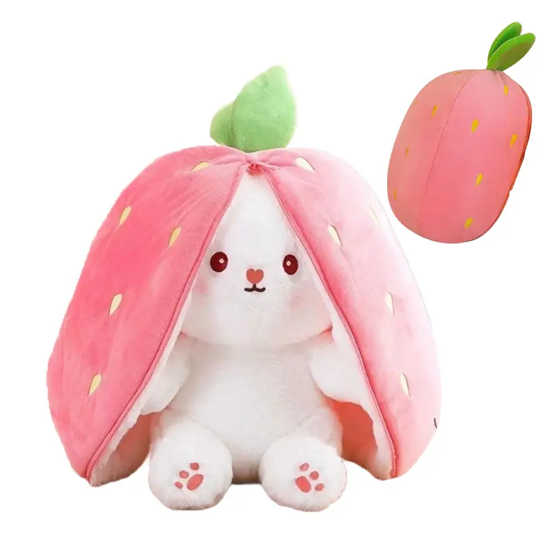 Extra Soft Fluffy Huggable Easter Bunny Stuffy - Transformable Carrot-Strawberry Rabbit Polyester Plush Toy, Cuddly Doll Gift for Babies