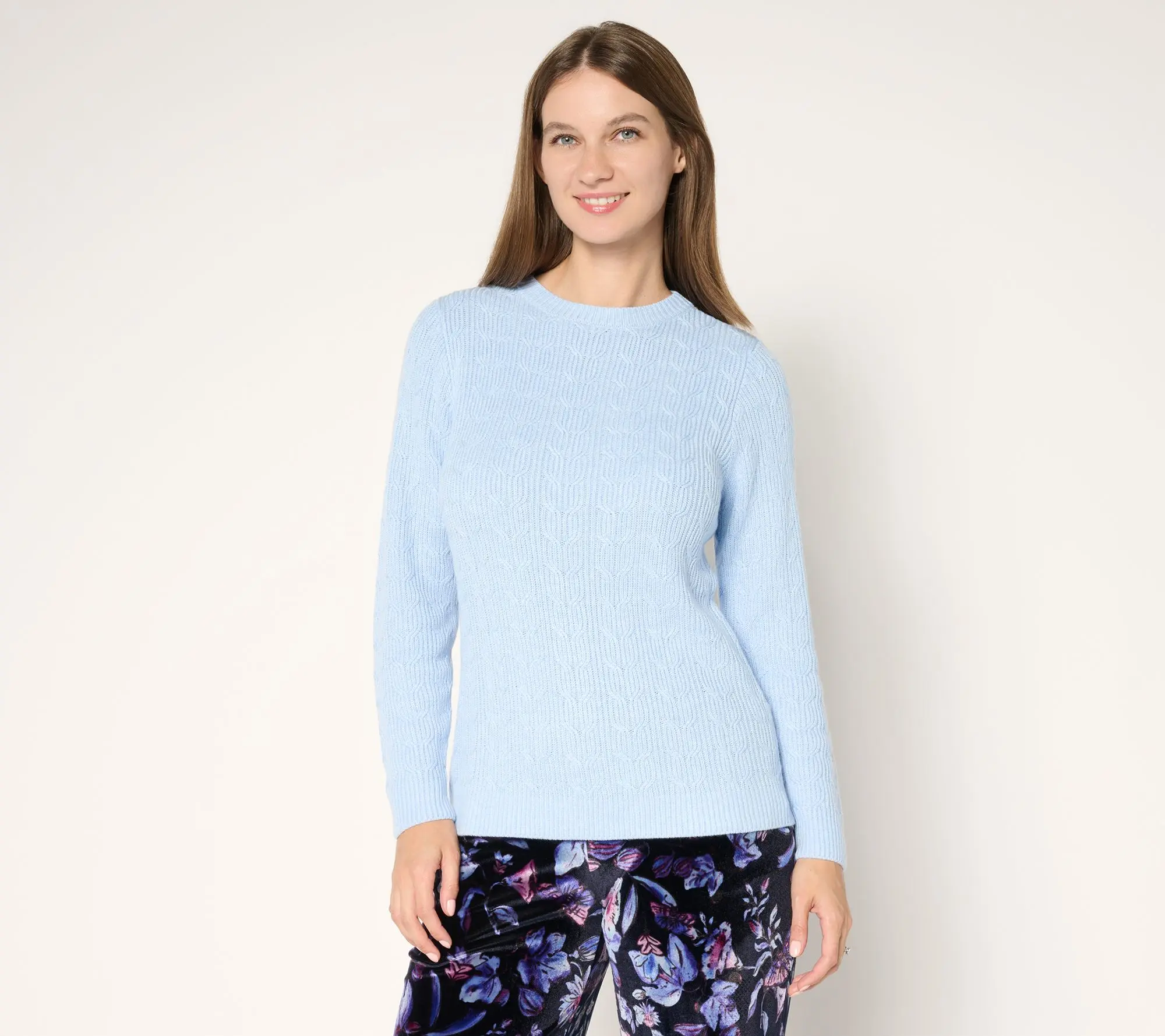 Susan Graver Heathered Crew Neck Cable Sweater