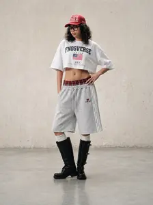 Aelfric Eden Double Waist Plaid Patchwork Longline Shorts High Waist Double Waistband Design Side Stripe Detail  Soft  Fabric Retro Sporty Streetwear Unisex Bottoms