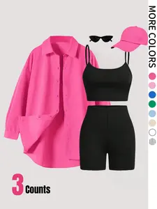 Women's Solid Knitted Button Front Shirt & Crop Cami Top & High Waist Skinny Shorts Three-piece Set, Casual Style Drop Shoulder Long Sleeve Fit Top & Camisole & Shorts, Ladies Summer Clothes, Blouse Shorts Set, Casual Outfits Women, Womenswear